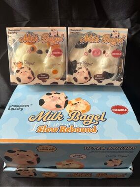 New 2 Set Chameleon Squishy Milk Bagel Slow Rebound Squishies - Cream & Pink